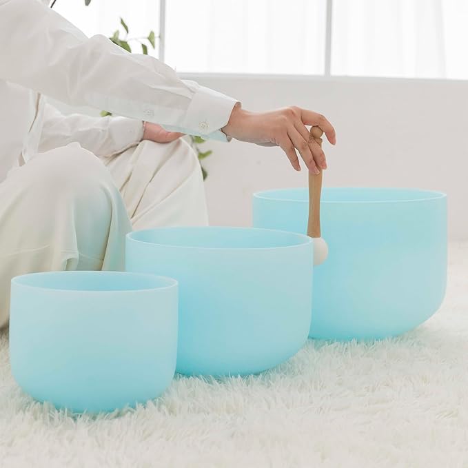 Hye-eun Crystal Singing Bowls Set, 3PCS 432hz 8"A 10"E 12"D Blue Frosted Quartz Chakra Sound Bath Bowl with Beige Carrying Case for Sound Healing Yoga Meditation Cleansing Stress Relief - Bloomnest