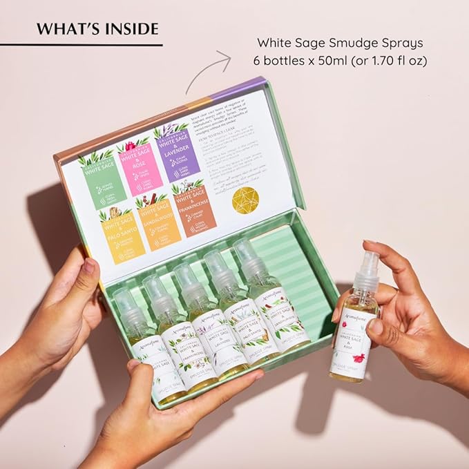 White Sage Smudge Spray Gift Set by Aromafume | 6x50ml/1.7 fl oz | White Sage with Rose, Lavender, Palo Santo, Sandalwood, Frankincense | Sprays for Cleansing Negative Energy & Protection Aromafume