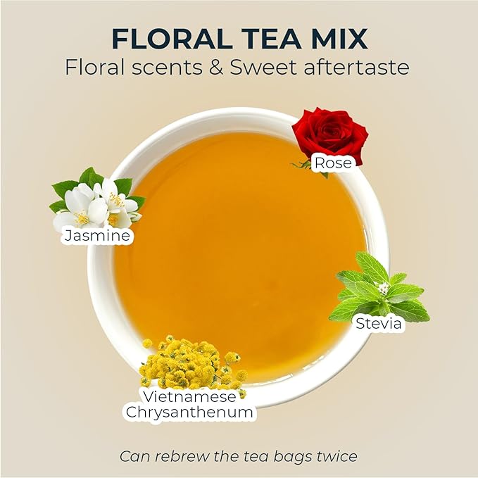 Rose Tea, Re-Steep Chrysanthemum, Jasmine & Stevia Herbal Tea - 55 Count (+5 Tea Bags) Bamboo Tong Included - 4.37 oz, Relax,Support, Up Mood, Appearance Detox - Bloomnest