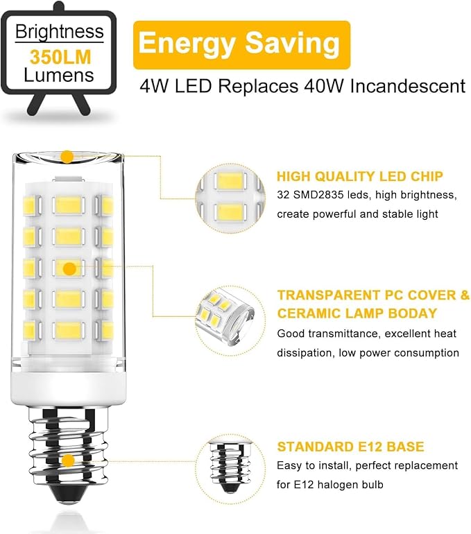 KLG E12 LED Bulb, Mini Candelabra Base, 4W (40W Equivalent), 5000K Daylight White Non-Dimmable, T3/T4 Small Bulb for Ceiling Fan, Chandelier, 6 Pack - Bloomnest