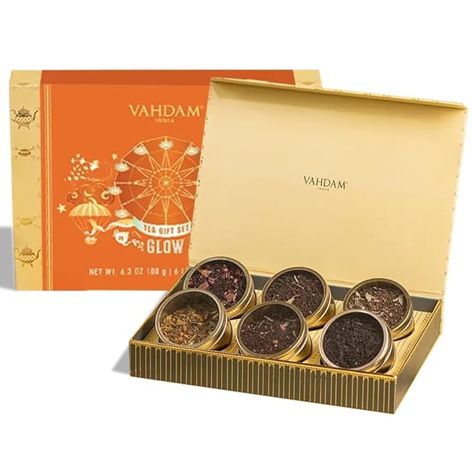 VAHDAM, GLOW - Assorted Christmas Tea Gift Sets (6 Loose Leaf Tea) Tin Caddy Presentation Box | Gluten Free, Non GMO | Holiday Gifts for Everyone - Bloomnest