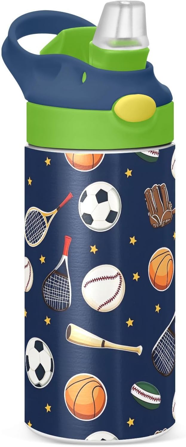 Soccer Basketball Tennis Kids Water Bottle with Straw Lid Insulated Tumbler with Handle Stainless Steel Reusable Toddlers Cup for Kids Boys 12 oz - Bloomnest