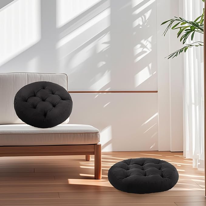 Meditation Floor Pillow, 2 Pack Round Floor Cushions for Adults, Button Tufted Seat Cushions for Yoga Tatami Living Room, Black, 22 x 22 x 4 in