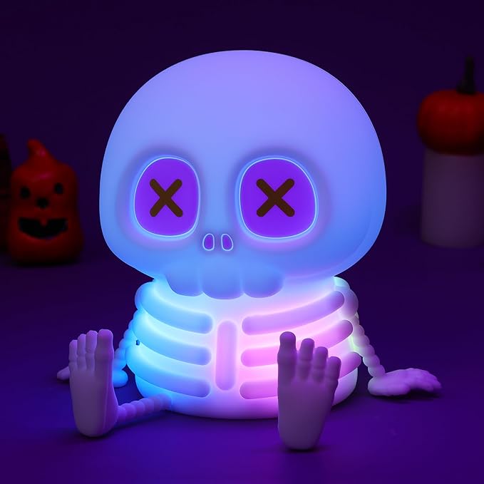 Skull Night Light, Cute LED Silicone Lamp, Color Changing & Dimmable Helloween Room Decor, 20 Mins Timer Squishy Cordless Rechargeable Nightlight, Bedside Light for Christmas Halloween Gifts - Bloomnest