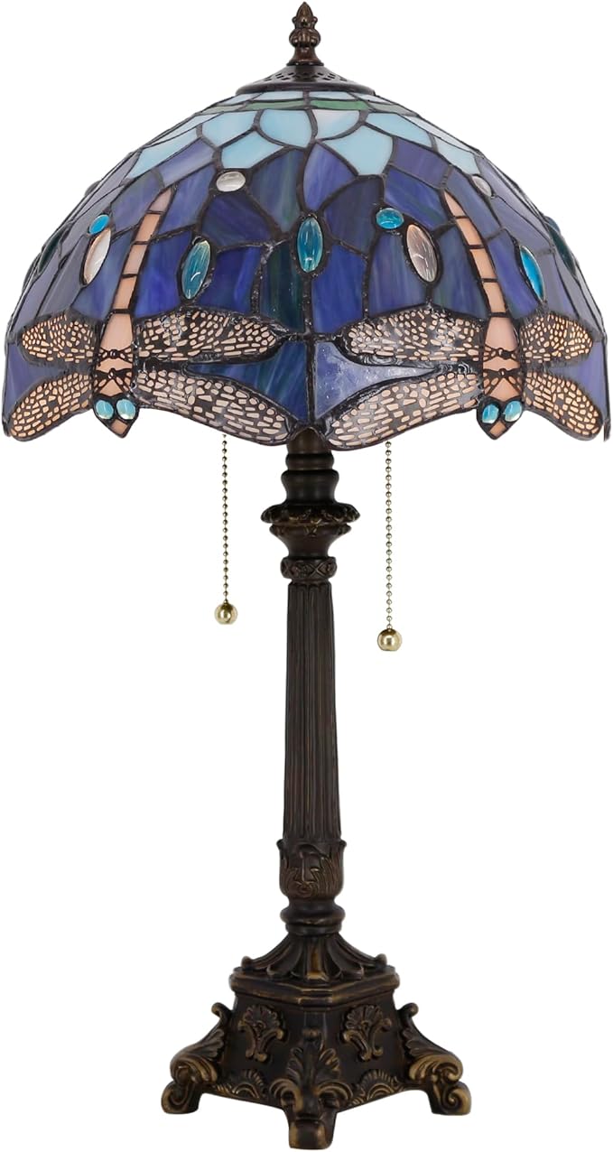Tiffany Lamp Blue Dragonfly Style Stained Glass Table Lamp Desk Reading Light 12X12X21 Inches with Resin Base Decor Bedroom Living Room - Bloomnest