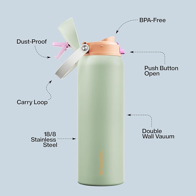 Insulated Water Bottle with Straw - Encool Stainless Steel Water Bottle with Push Button Lid, Leak-Proof & BPA-Free, Keeps Cold for 24 Hours for Sports, Travel, Gym (40 oz, Geyser Green) ENCOOL
