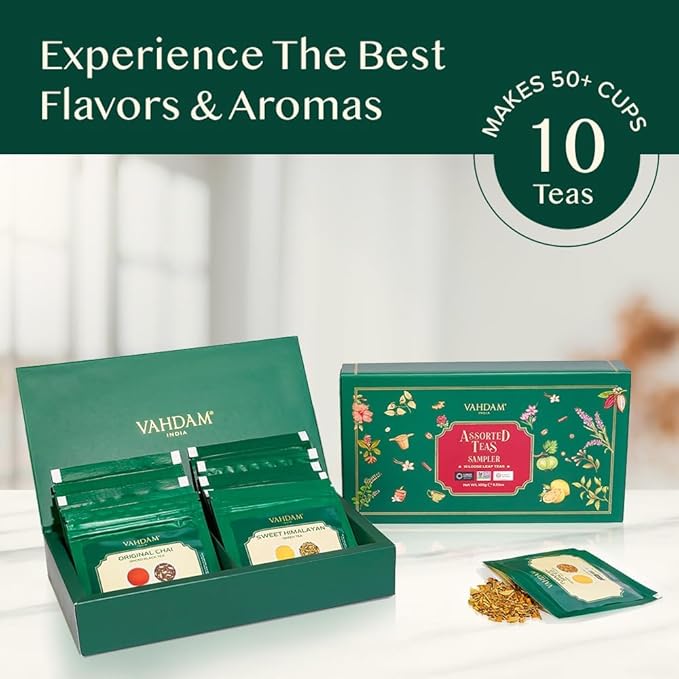 VAHDAM, Assorted Loose Leaf Tea Gift Set (10 Flavors, 100 gm) Gift Ideas for Women & Men | Herbal Tea, Green Tea, Chai Tea & Black Tea Sampler| Non-GMO, Gluten Free | Gifts for Him/Her - Bloomnest