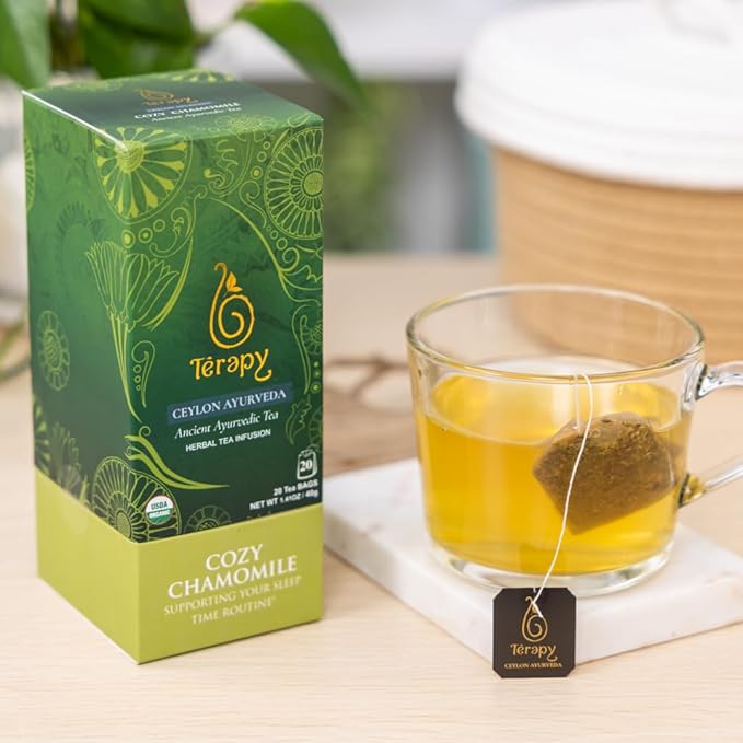 Térapy Ceylon CHAMOMILE TEA | USDA Organic Herbal Tea Bags | 100% Natural Ayurvedic Ingredients including Organic Chamomile, Ashwagandha, Cinnamon & Licorice| 20 Individually Wrapped Tea Bags - Bloomnest