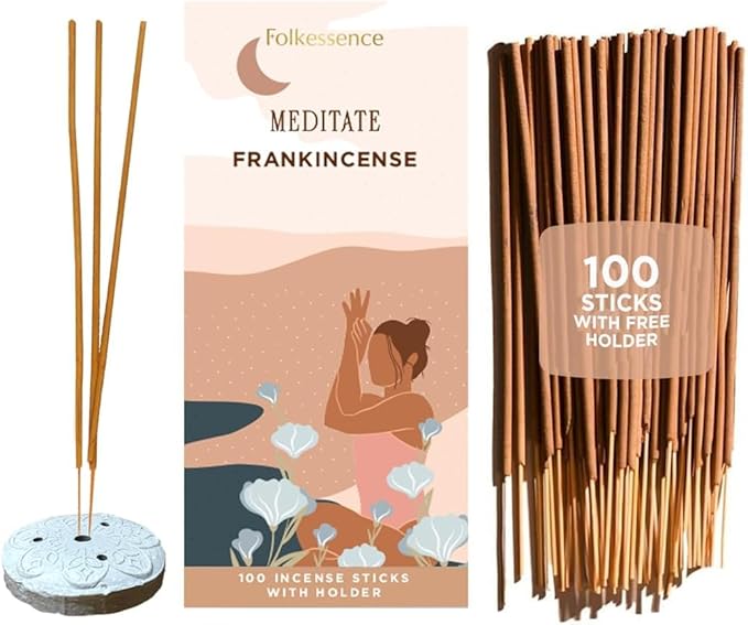 Folkulture Incense Sticks with Holder (100 Sticks)| Frankincense Incents Stick for Meditation, Relaxation, Gifts | No Charcoal,Organic,Non Toxic, 45 Mins, Slow Burning Insence-Sticks - Yoga Inspired FOLKULTURE