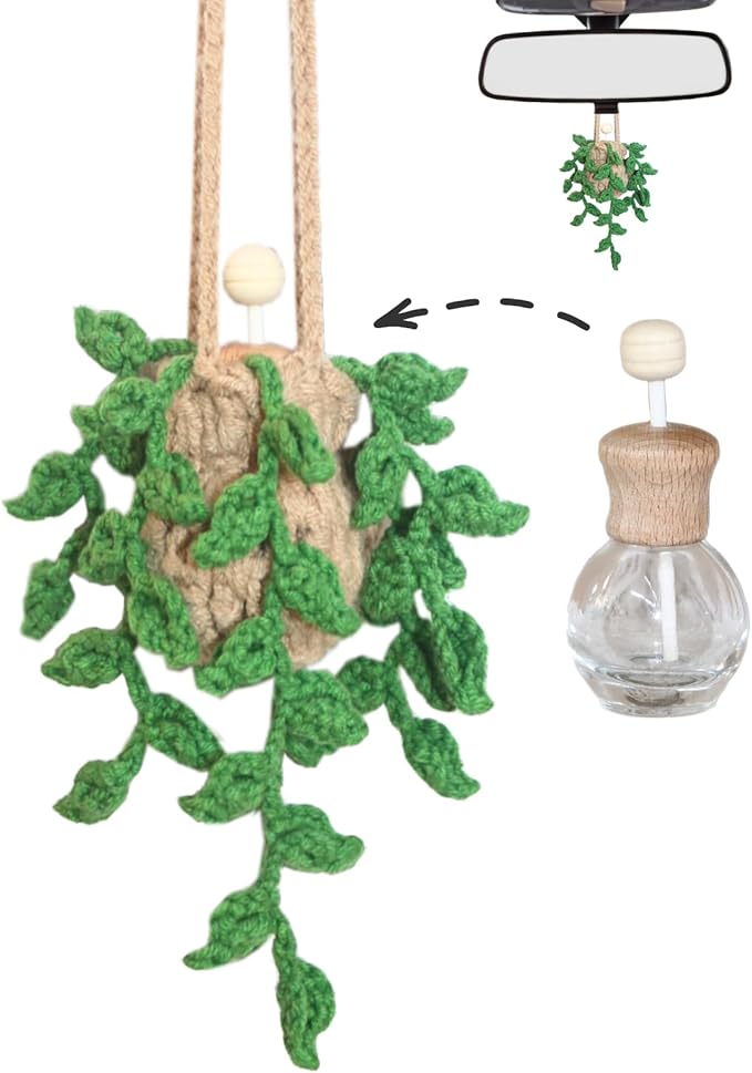 Handmade Crochet Hanging Car Air Freshener,12ml Empty Refillable Oil Diffuser Bottle with Crochet Hanging succulents Plant for Car Rearview Mirror for Home, and Office Hanging Diffuser Decor - Bloomnest