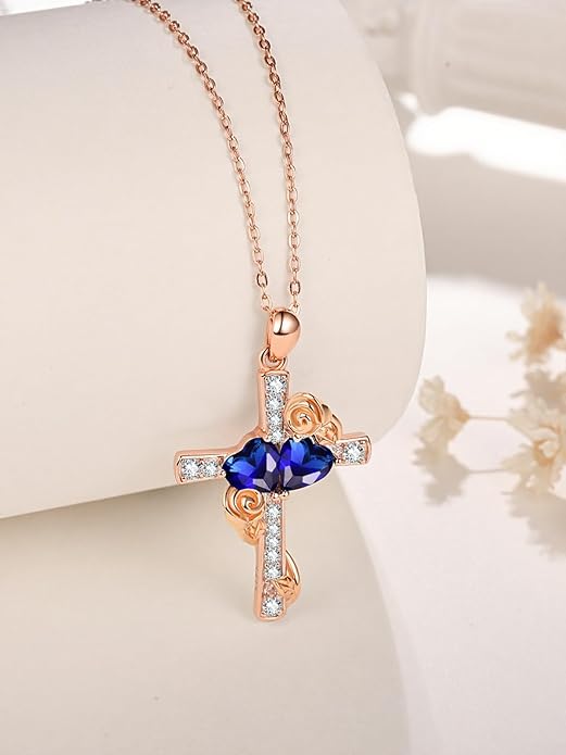 Rose Gold Dual Birthstones Cross Necklace for Women Rose Flower Jewelry Anniversary Christmas Mother's Valentine's Day Birthday Gift for Wife Girlfriend Mom - Bloomnest