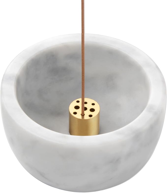Natural Marble Incense Holder with Brass 9 Holes Incense Stick Holder, Incense Burner ash Catcher, for Meditation Incense Burning, Easily Grab Incense Ash (White), XL-01 - Bloomnest