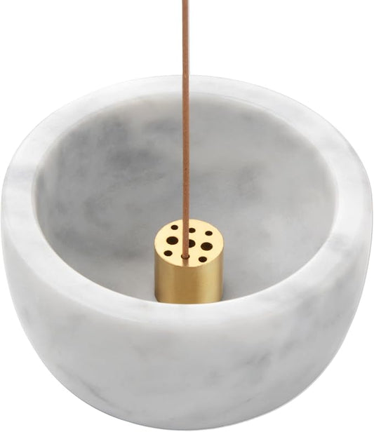 Natural Marble Incense Holder with Brass 9 Holes Incense Stick Holder, Incense Burner ash Catcher, for Meditation Incense Burning, Easily Grab Incense Ash (White), XL-01 - Bloomnest