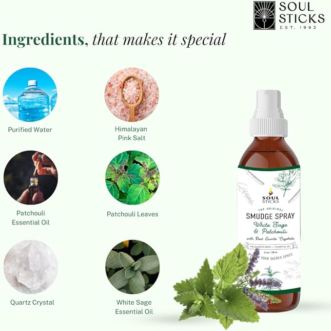 SOUL STICKS White Sage & Patchouli Smudge Spray For Cleansing and Negative Energy | 3.5oz White Sage Smudge Spray with Real Quartz Crystals | Car Fragrance Sage Room Spray for Spiritual Cleansing SoulSticks