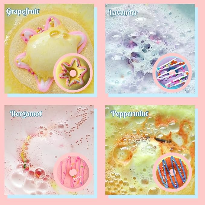 KAV Donut Bath Bombs Gift Set – 4 Piece Handmade Organic Bath Bomb Kit with Essential Oils – Relaxation Spa Gift for Women, Men, Teens, Kids – Self Care & Aromatherapy Soak - Bloomnest