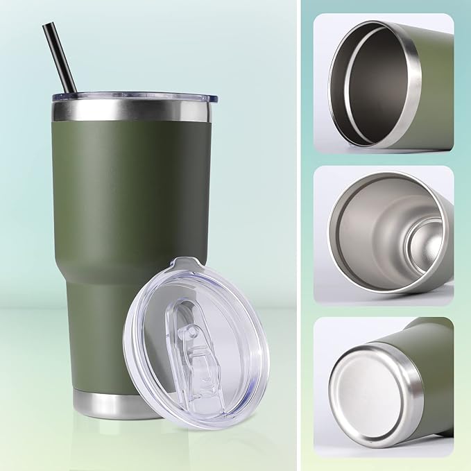 DOMICARE 30 oz Tumbler with Lid and Straw, Stainless Steel Tumblers Bulk, Insulated Vacuum Double Wall Travel Coffee Mug, Durable Powder Coated Tumbler Cups (Army Green, 12) - Bloomnest