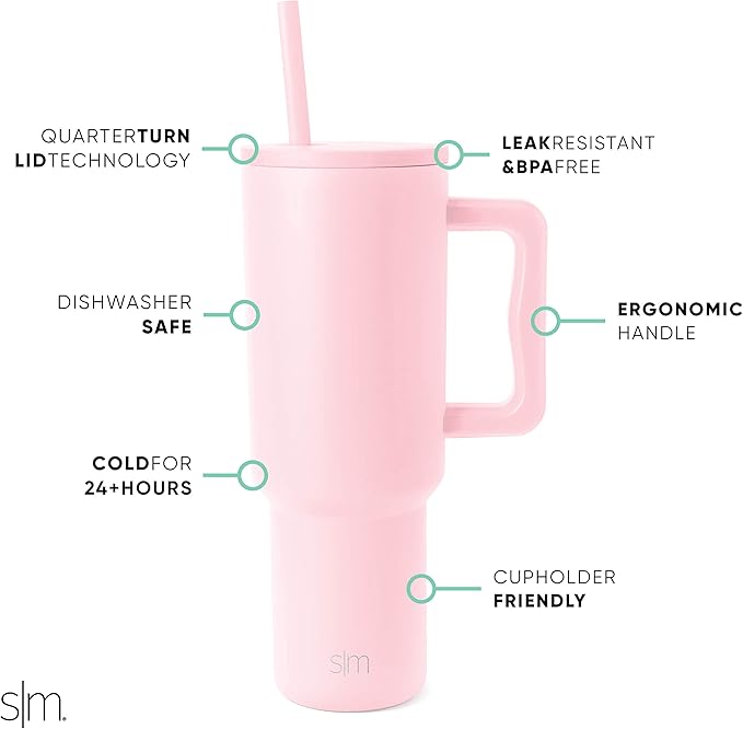 Simple Modern 40 oz Trek Tumbler with Handle and Straw Lid | Cup Holder Friendly Insulated Stainless Steel Travel Mug | Blush SimpleModern