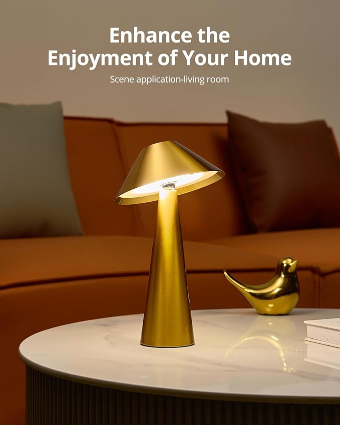 Bojim Rechargeable Cordless Table Lamp, Gold LED Battery Operated Wireless Table Lights, Touch for 3 Color Dimmable, IP54 Waterproof for Restaurant, Dining, Outdoor, Patio, Outside - Bloomnest