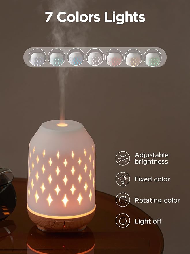InnoGear Aromatherapy Diffuser, 150ml Ceramic Diffuser Ultrasonic Humidifier Cool Mist Essential Oil Diffusers for Home Air Diffuser with 2 Mist Modes Waterless Auto Off, White - Bloomnest