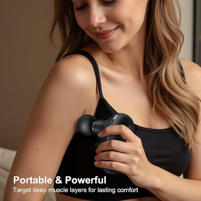 Mini Massage Gun, Deep Tissue Massager Gun, Portable Percussion Small Muscle Massager Gun, Quiet Massager, USB Charging, with 4 Different Massage Accessories, for Full Body Recovery- Black - Bloomnest