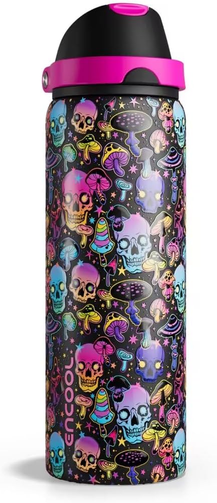 Insulated Water Bottle with Straw - Encool Stainless Steel Water Bottle with Push Button Lid, Leak-Proof & BPA-Free, Keeps Cold for 24 Hours for Sports, Travel, Gym (32 oz, Trippy Skulls) ENCOOL