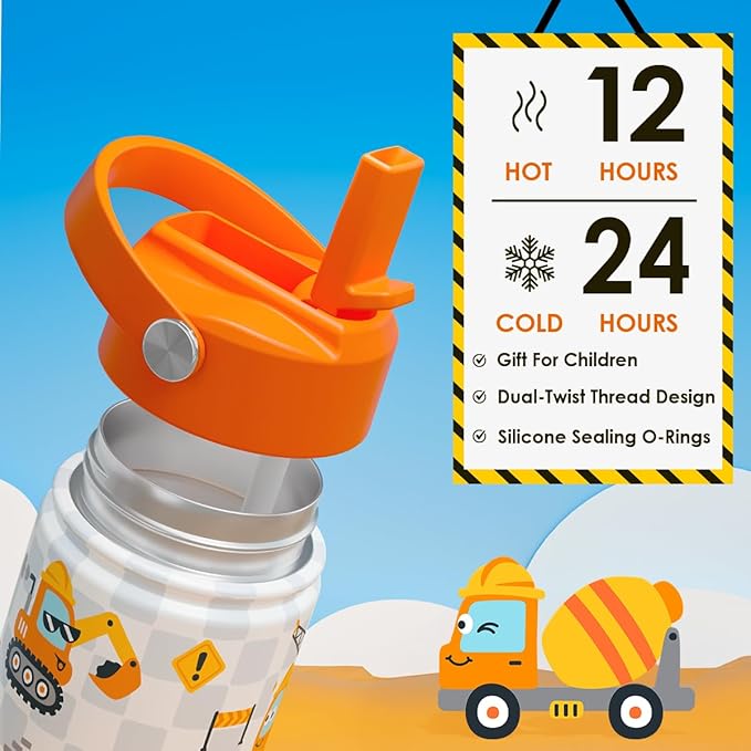 Construction Kids Water Bottle With Straw Lid 12oz Insulated Stainless Steel, Truck Travel Tumbler, Gifts For Boys, Birthday, Christmas, Back To School - Bloomnest