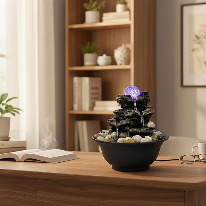 Indoor Tabletop Water Fountain, Resin Meditation Fountain with Color LED Light, Indoor Waterfall Feature for Home Office Decor (E) - Bloomnest