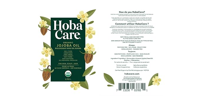 HobaCare Organic Jojoba Oil Bulk - Unrefined Carrier Oil for Soap Making, Hair, Face, Beard, Scalp, Massage, Skincare Spa - Natural, Pure, Hexane Free, Long Shelf Life (128 oz Gallon) - Bloomnest