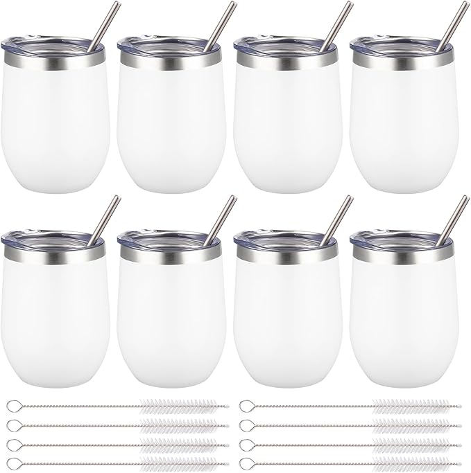12 oz Insulated Wine Tumbler with Lid and Straw,Stainless Steel Stemless Wine Tumbler Glasses Double Wall Vacuum Wine Cups Tumbler Bulk for Coffee,Champaign,Cocktail (White,8) FristChoice