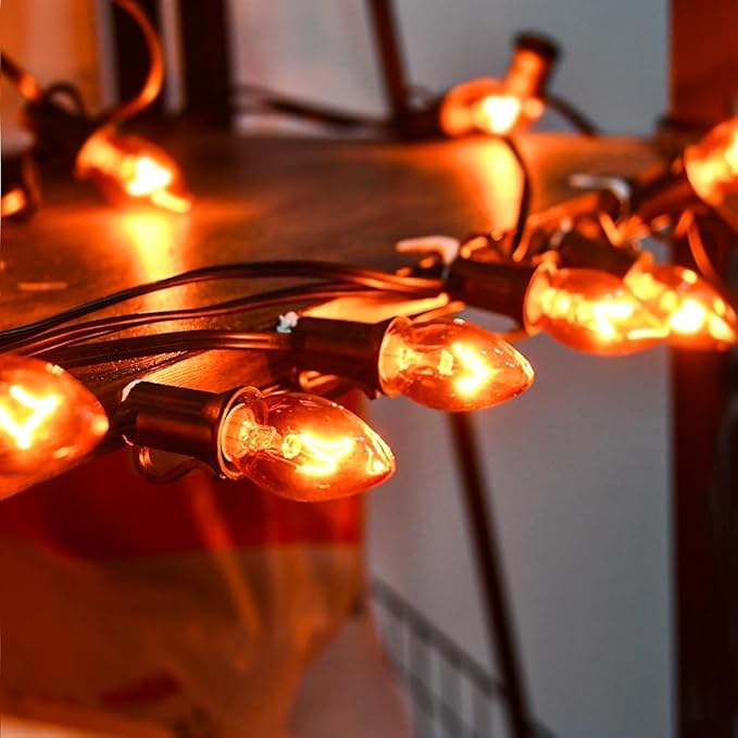 SUNSGNE 25 Pack C7 Orange Light Bulbs Halloween Christmas Replacement Bulbs, C7 Clear Orange Incandescent Light Bulbs for Outdoor Patio Xmas String Lights, E12/C7 Candelabra Base, 5 Watts - Bloomnest