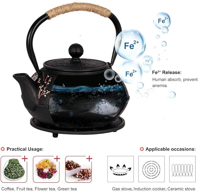 Cast Iron Teapot with Tea Cups Trivet Japanese Style Tetsubin Tea Kettle with Infuser Iron Tea Set Gift for Adult Father Mother Family (Black,Magpie on the Plum Design) - Bloomnest