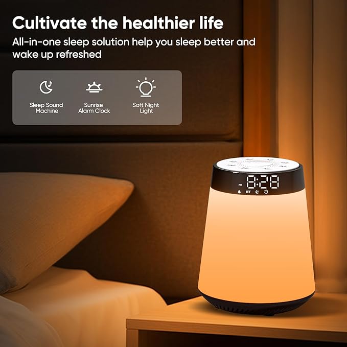 Sunrise Alarm Clock with Wake Up Light & White Noise Machine - 21 Soothing Sounds, 12 Color Dimmable Night Lights, Bluetooth Speaker, Digital Clock for Heavy Sleepers Adults/Kids