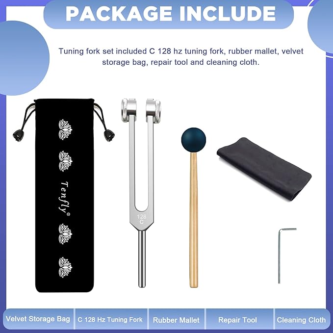 128 Hz Tuning Fork Weights Aluminum Clinical Grade Nerve/Sensory with Black Silicone Hammer, Cleaning Cloth and Felt Case, Non-Magnetic Aluminum Alloy - Bloomnest