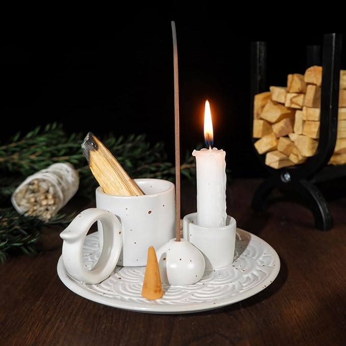 5-in-1 White Ceramic Palo Santo Burner & Holder - Small Candle and Smudge Tray for Incense Sticks & Cones, Sage, Zen Meditation Altar Accessory – Compatible with Matches for Aromatic Scents - Bloomnest