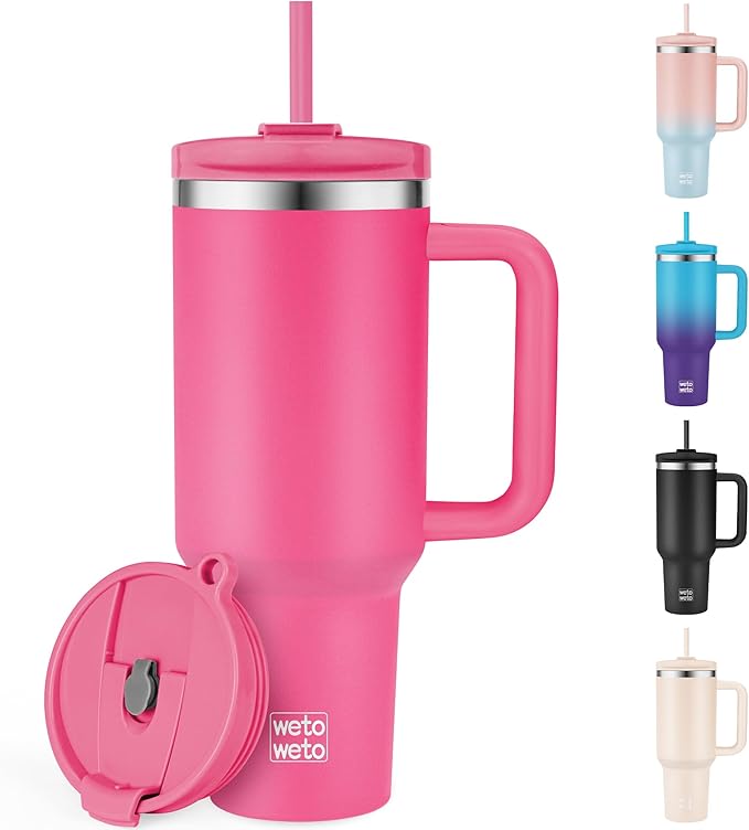 WETOWETO 40oz Tumbler with Handle | Insulated Stainless Steel Travel Mug | 34Hrs Cold & 10Hrs Hot Retention | 100% Leakproof Lid & Straw | Dishwasher Safe + Car Cup Holder Fit (Bright Pink) - Bloomnest