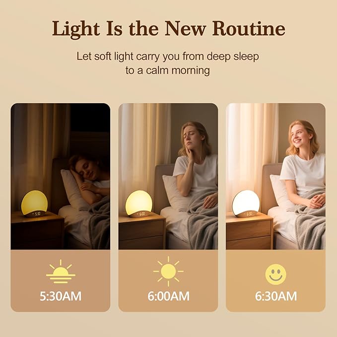 REACHER Wood Grain Sunrise Alarm Clock and Sound Machine Nightlight, Digital Dimmable Clock for Bedroom, 26 Sleep Sounds, White Noise Machine for Baby, Adults, Wake Up Light Alarm Clock for Kids - Bloomnest