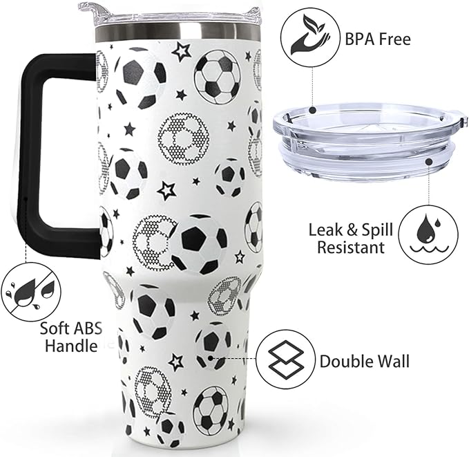 Ceovfoi 40 oz Soccer Coffee Mug Cup Vacuum Insulated Travel Tumbler with Handle Lid and Straw,Soccer Coach Gifts,Football Accessories Stuff - Bloomnest