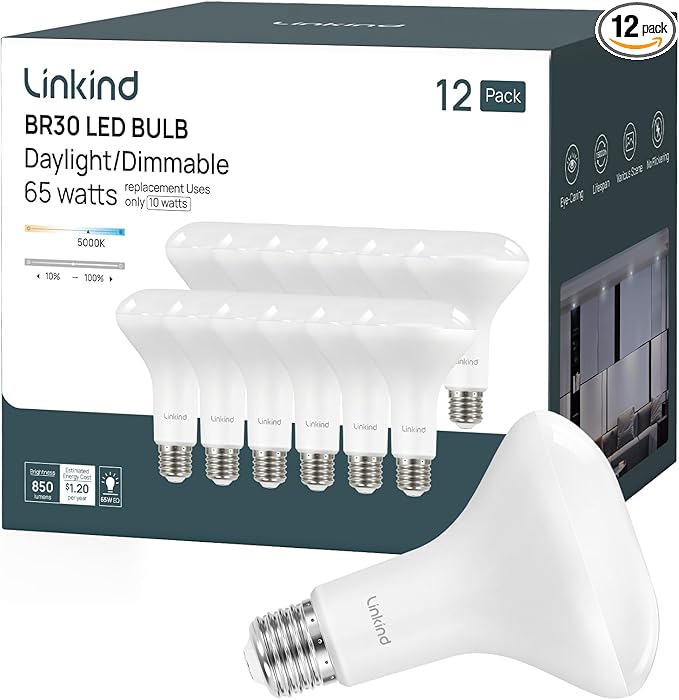 Linkind BR30 LED Flood Light Bulbs Indoor, 65W Equivalent Dimmable LED Recessed Bulbs, 10W 850 Lumens, 5000K Daylight E26 Base, Recessed Can Light Bulb for Bedroom Dining Room Bathroom, 12 Packs - Bloomnest