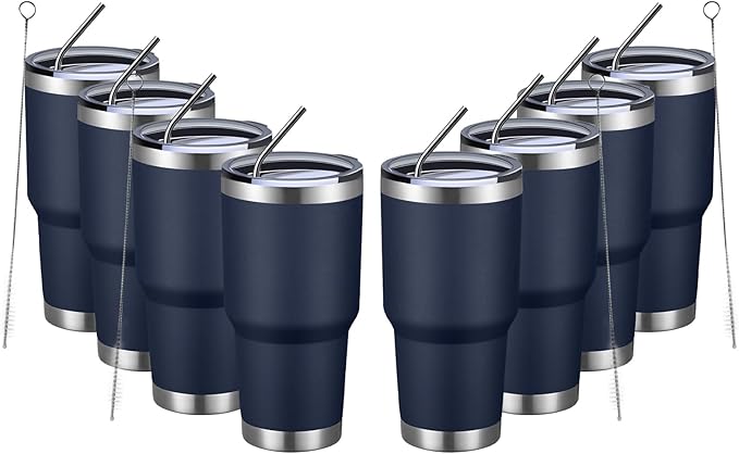 MEWAY 30oz Insulated Tumbler With Lids and Straws,Stainless Steel Double Vacuum Coffee Tumbler Cup, Brush, Durable Powder Coated Coffee Cup for Cold & Hot Drinks(Navy,8 PACK) - Bloomnest
