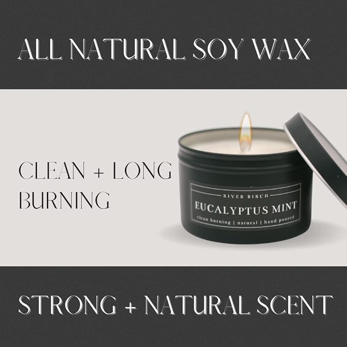 River Birch Candles Eucalyptus Mint Scented Candle | Premium, All-Natural, Non-Toxic, Soy Candles | 8 oz. Black Matte Tin Travel Candle | Cozy Relaxing Gifts for Home - Bloomnest
