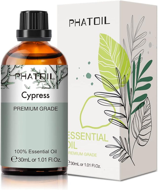 Cypress Essential Oil, 1.01Fl.Oz (30ML) PHATOIL Pure Essential Oil Singles for Aromatherapy Diffusers, Humidifiers, Great for DIY Candle and Soap Making, Gift for Friend PHATOIL