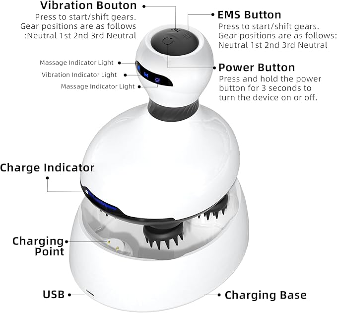 Electric Scalp Massager, EMS Stimulation Head Massager with Mutlti-Modes Vibration & Waterproof, Held Portable Head Scratcher Massager for Hair Growth, Deep Clean and Stress Relax Bloomnest