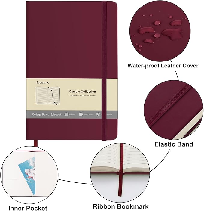 Comix Lined Journal Notebook for Women Men, Journaling Notebooks for Office School Home, Burgundy, 240 Pages, 5.5" x 8.3", College Ruled, A5, Hardcover - Bloomnest