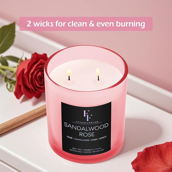 Sandalwood Rose Scented Candle, 2-Wick Luxury Soy Wax Candle, 9 oz Aromatherapy Candle Home Fragrance Candles Gift - Bloomnest