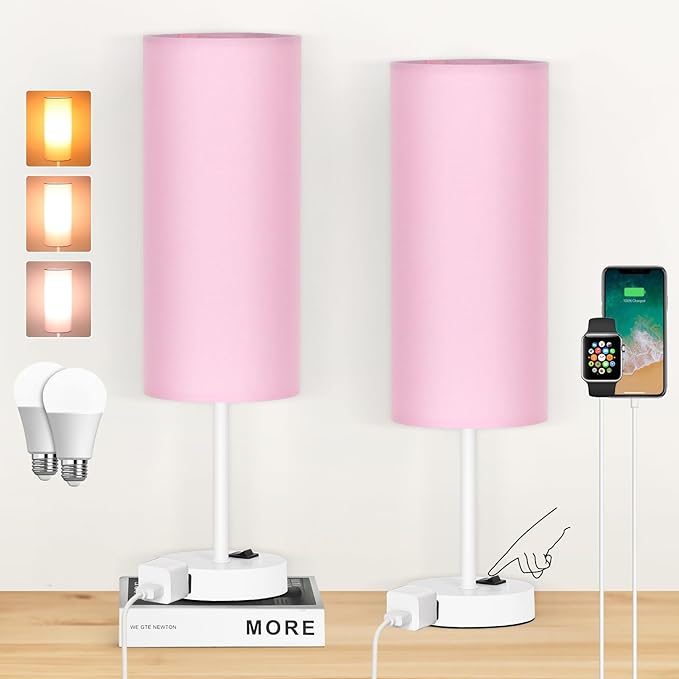 ZJOJO Table Lamp for Bedroom 2 Pack,18in Bedside Lamps with 3 Way Dimmable Rocker Switch & AC Outlet,Nightstand Desk Lamp with Pink Fabric Shade White Base for Living Room Home Decor Lights - Bloomnest