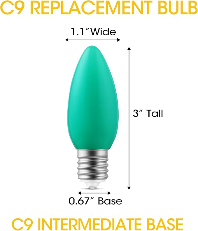 25-Pack Ceramic C9 Christmas Light Bulbs, Green LED Light Bulbs Holiday Decoration, Green Christmas Decor for Indoor & Outdoor Use, E17/C9 Intermediate Base - Bloomnest