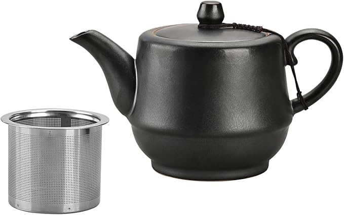 Rural Style Ceramic Teapot with Stainless Steel Infuser 16 Ounces Porcelain Blooming & Loose Leaf Teapot (Black)