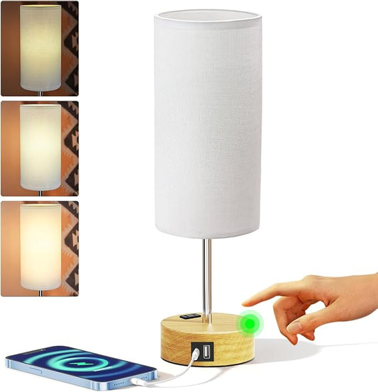 KPQ Small Bedside Lamp Touch Control Table Lamp with USB A+C Charging Ports & AC Outlet 3-Way Dimmable Nightstand Lamp with Linen Fabric Shade for Bedroom Living Room - Bloomnest