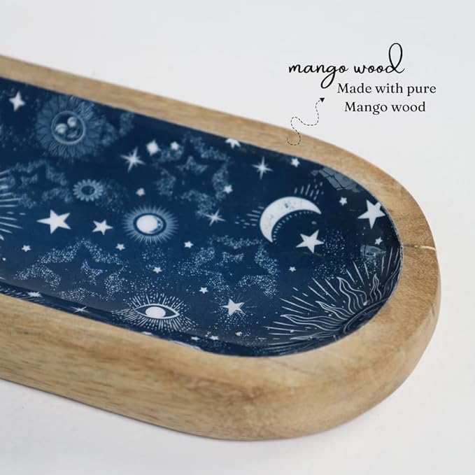 The Art Box Hand-Painted Incense Burner Holder Dark Blue - 12x4x1 inch Wooden Long Incense Stick Tray Holder for Modern Gift, Ash Catcher Incense Stick Holder - Meditation & Yoga - Bloomnest