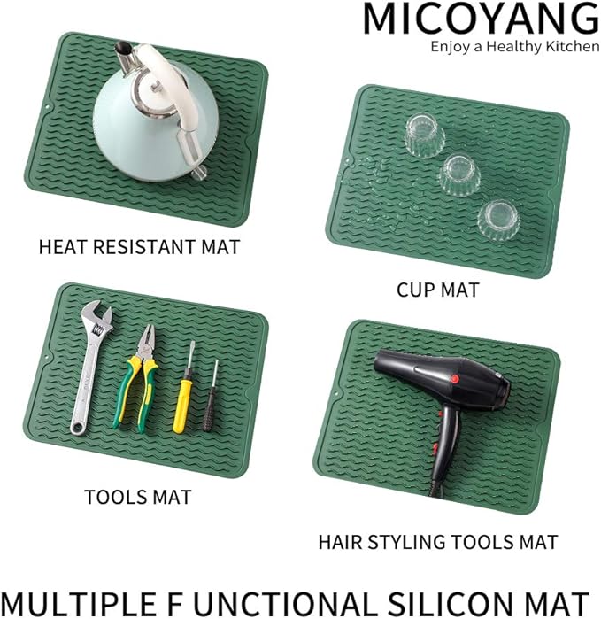 Silicone Dish Drying Mat for Multiple Usage,Easy clean,Eco-friendly,Heat-resistant Silicone Mat for Kitchen Counter or Sink,Refrigerator or drawer liner Green L 16 inches x 12 inches - Bloomnest